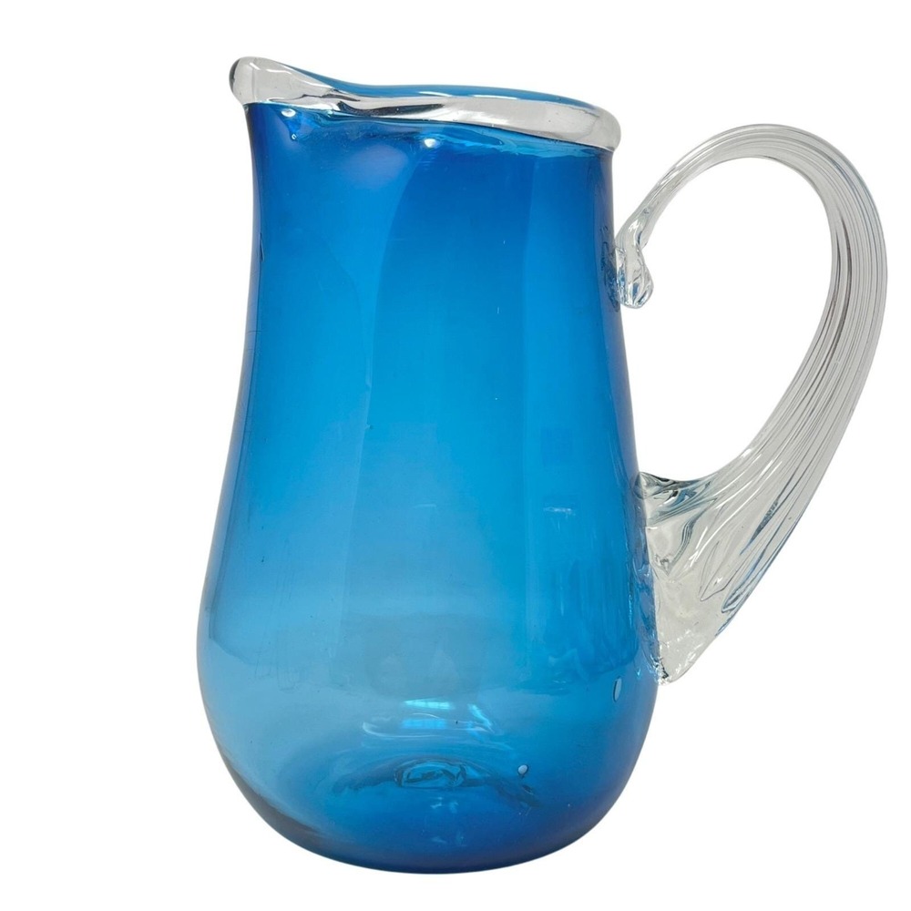 Hand Mouth Blown Blue Clear Glass Pitcher Fluted Handle Pour Spout 7.75" Tall